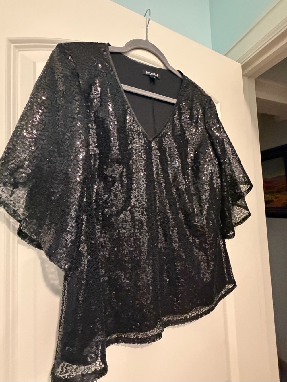 Roz & Ali Black Sequin V-Neck Cape Sleeve Blouse